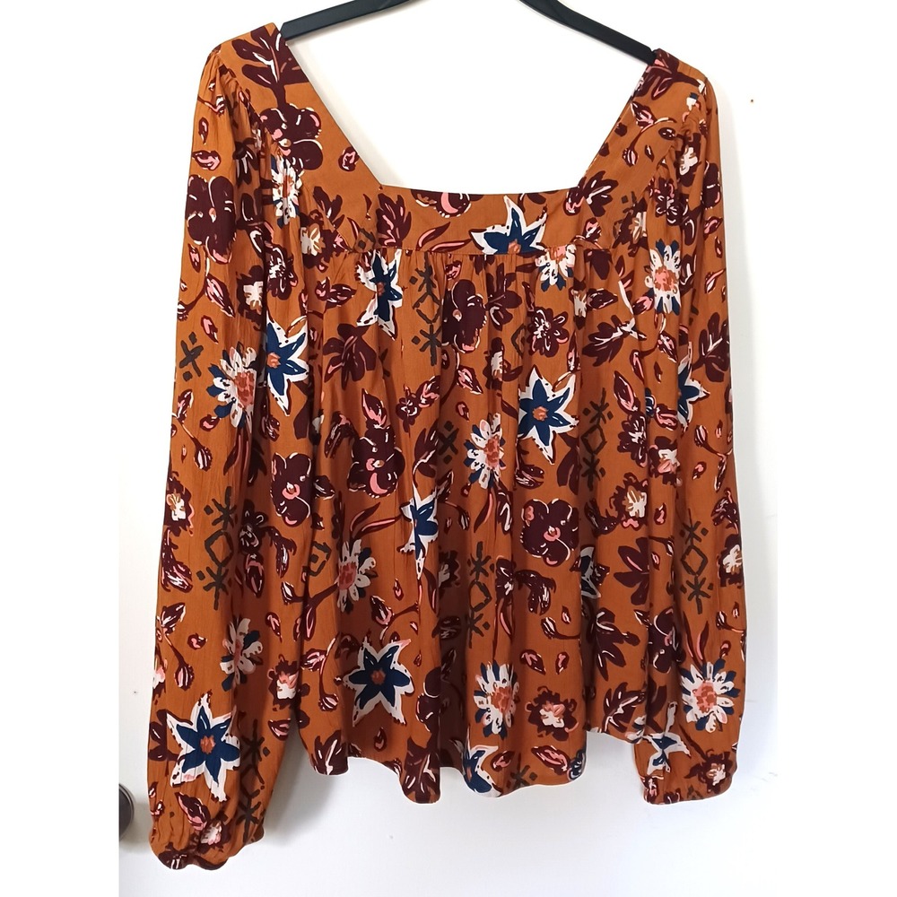 Sonoma Goods For Life Women XL Rust Floral Square Neck Peasant Blouse Boho Fall